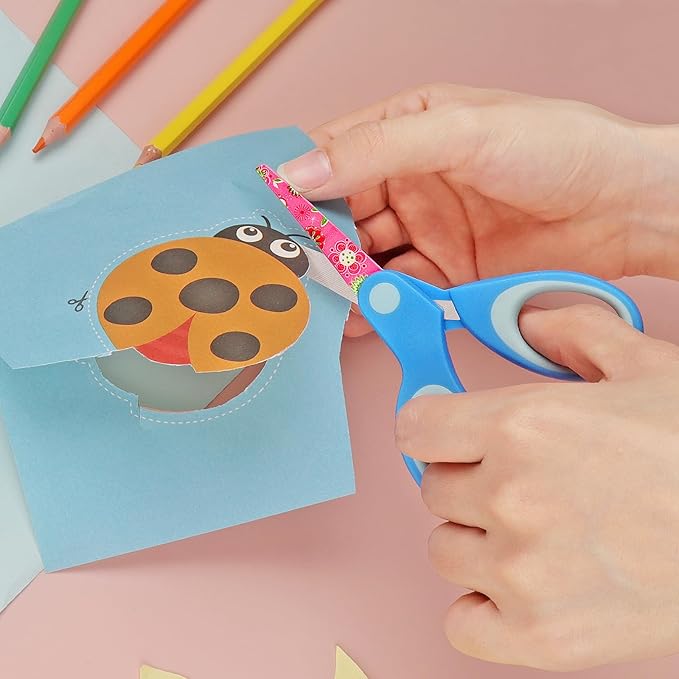 Left Handed Floral Kid Scissors, Blunt Tip Safety Children's Craft Scissors, Stainless Steel Blades, Soft Grips, for Use with Children 3 Years and Older, Pink, Blue, Red 3 Pair Pack