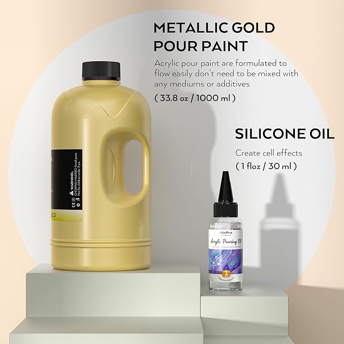 Nicpro Gold Metallic Acrylic Pour Paint, 33.8 Ounce Pre-Mixed Pouring Paint Supplies with Silicone Pour Oil & Gloves for Canvas, Rock, Wood Cell Creation Flow DIY Art Painting, Ready to Pour