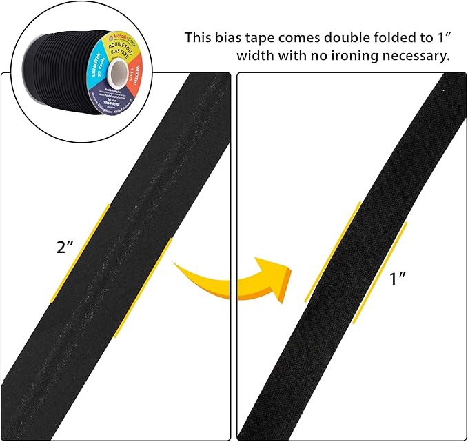 Mandala Crafts 55 Yards 1 Inch Black Double Fold Bias Tape for Sewing - Bias Binding Tape for Quilting Binding, Hemming, Seam, and Fabric Piping