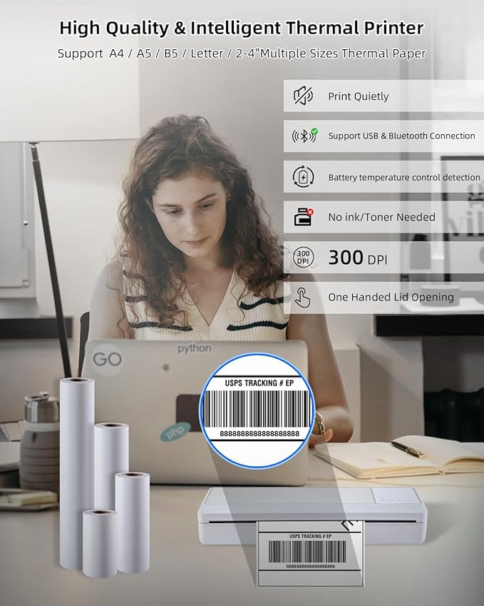 A4 Wireless Thermal Printer, Portable Bluetooth Printer, Support Multi-Size Thermal Paper, Compatible with Android and iOS Phone & PC, 300DPI Inkless Printer for Travel, Office, School
