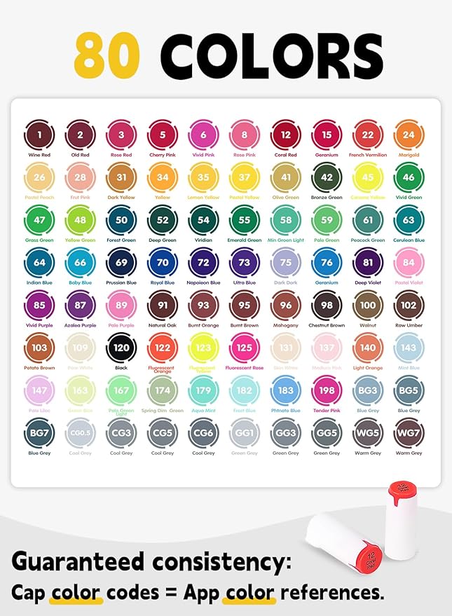 YHC 80 Alcohol Brush Marker with Free App, Chen Rui Dual Tips Art Markers for Adults, Alcohol Based Brush & Chisel Tips Markers for Drawing, Coloring, Painting, Sketching