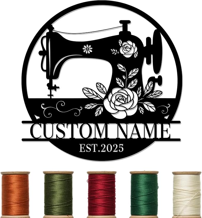 Custom Sewing Machine Sign with Name, Personalized Quilting Supplies Craft Room Metal Wall Decor, Customized Quilting Gifts for Quilters Women Mom Grandma Wife Sewing Lover