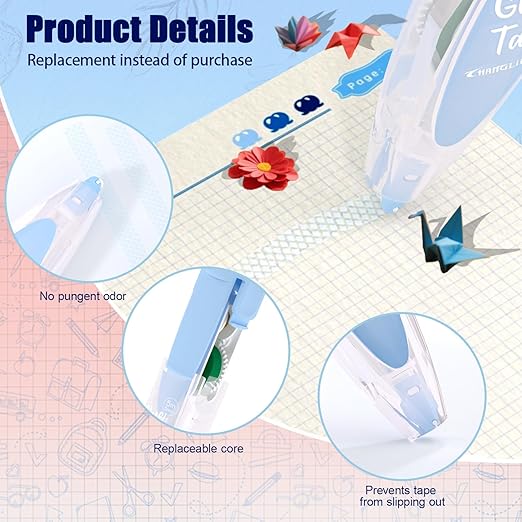 CHANGLi 8pack Refillable Glue Tape for Scrapbook, 16FT*1/5 Inch Double Sided Tape for Crafts, Scrapbooking Supplies, Reusable Adhesive Glue Runner for Gift Wrapping, Photo