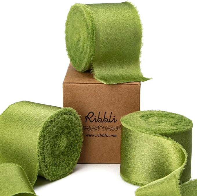 Ribbli Avocado Green Silk Satin Ribbon 1.5 Inch x 30 Yard Handmade Frayed Chiffon Spring Moss Green Ribbon for Gift Wrapping Wedding Invitations Bridal Bouquets Home Decor