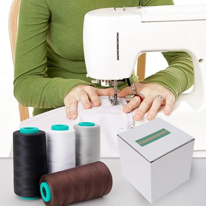 Serger Thread 4 Pack, All-Purpose Sewing Thread Polyester,4 Cones of 3000 Yards Each Spool,Cone Thread for Sewing Machine,140S/2 (Black,White,Brown,Grey)