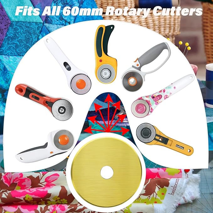 Rotary Cutter Blades, 60mm Replacement Blades 5-Pack, Fits Fiskars,OLFA,Martelli,Dremel,Truecut,DAFA,Fabric Cutting Blades Refill for Quilting Scrapbooking Sewing Arts &Crafts, SKS-7,(Titanium Coated)