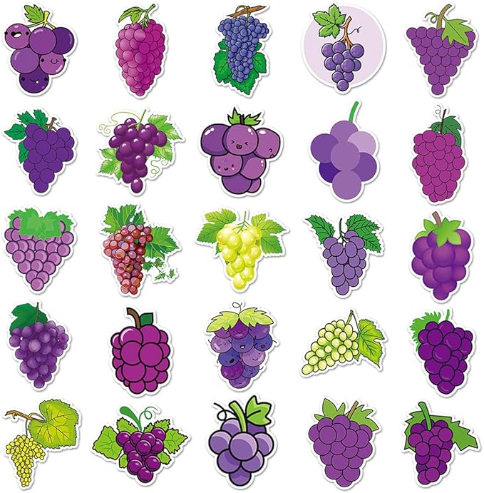 Purple Grape Stickers for Teens Boy Girls|50 Pcs|Waterproof Vinyl Stickers for Laptop Computer Phone Tablet Luggage Flasks Notebook Scrapbook Water Bottle,Cartoon Fruit Stickers Decals Pack(Grape)