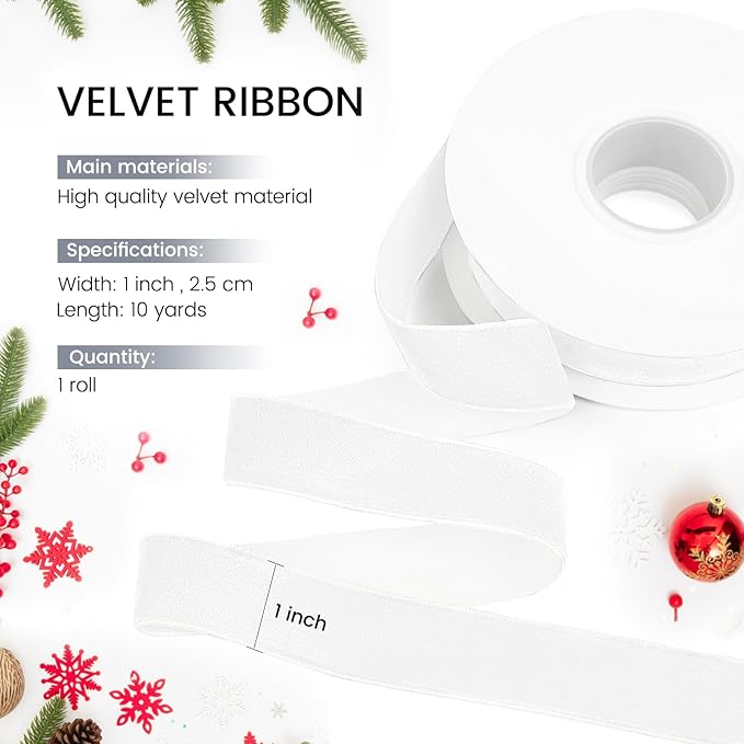 White Velvet Ribbon, 1 inch 10 Yards Vintage Velvet Ribbons Perfect for Christmas Tree Ornaments, Gift Wrapping, Wedding Decoration, Bows, Sewing, Crafts, Wreath and More