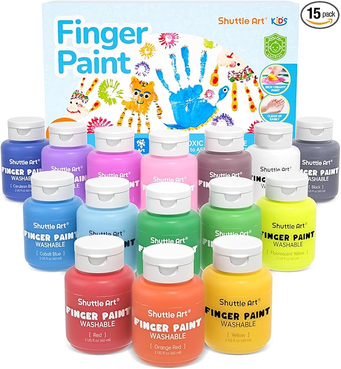 Shuttle Art Washable Finger Paint Set, 15 Colors (2 fl oz) Toddler Paint, Non-Toxic Finger Painting for Toddlers, Kids Arts and Crafts