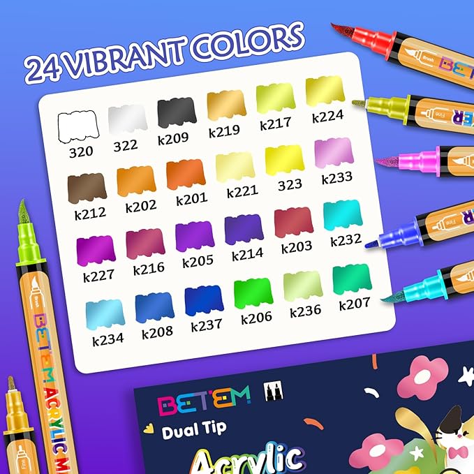 Metallic Acrylic Paint Markers, Dual Tip 24 Colors Acrylic Paint Pens with Brush Tip and Fine Point, markers for black paper, Art Supplies for Rock, Wood, Canvas, Stone, Glass,Grandkids, and Kids