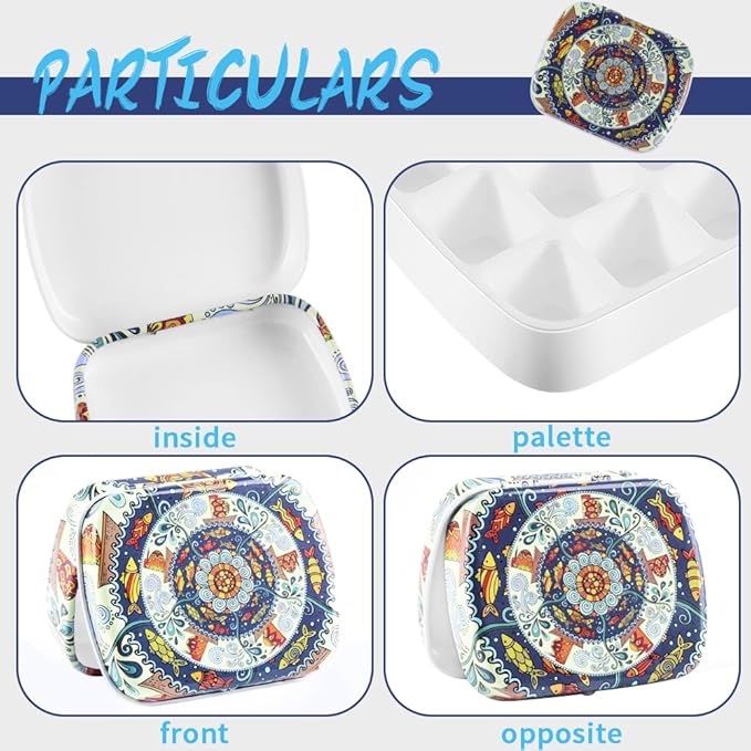 Portable Mini Tin Box 12-Well Empty Watercolor Palette Paint Mixing Tray is a Small Storage Travel Kit with Magnetic Clip and Oil Pot,Making it Outdoor Sketching and DIY Painting.Ethnic Style