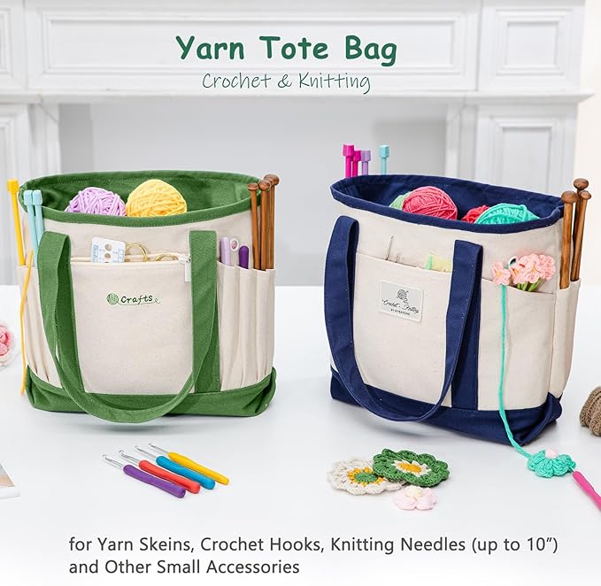 MYBAGZING Canvas Yarn Storage Organizer Bag Washable Crochet Bag with Pockets for Yarn, Hooks, Needles – Travel Knitting Tote for Crafters – Gift for Crocheters & Knitters (Medium/Large)