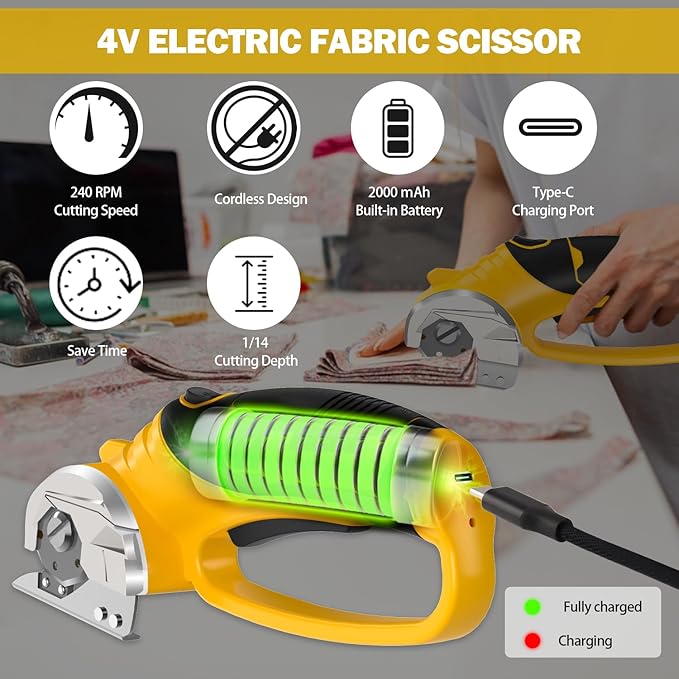 Cordless Electric Scissors, 4V Box Cutter & Cardboard Cutter with 2 Titanium Blades - Rotary Cutter with LED Light for Fabric, Leather, Carpet, Plastic, Crafting + Storage Case (Yellow)