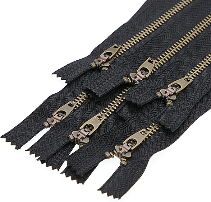 4# Metal Zipper for Jeans Antique Brass Y-Teeth Zipper 6 inch Close End Jeans Zippers 6pcs,(Black-Brass)