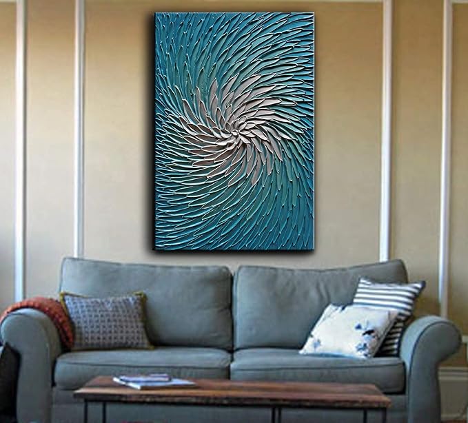 YaSheng Art - Contemporary Art Oil Painting on Canvas 3D Metallic Blue and Silver Texture Abstract Art Pictures Canvas Wall Art Paintings Modern Home Decor Abstract Paintings Ready to hang24x36inch