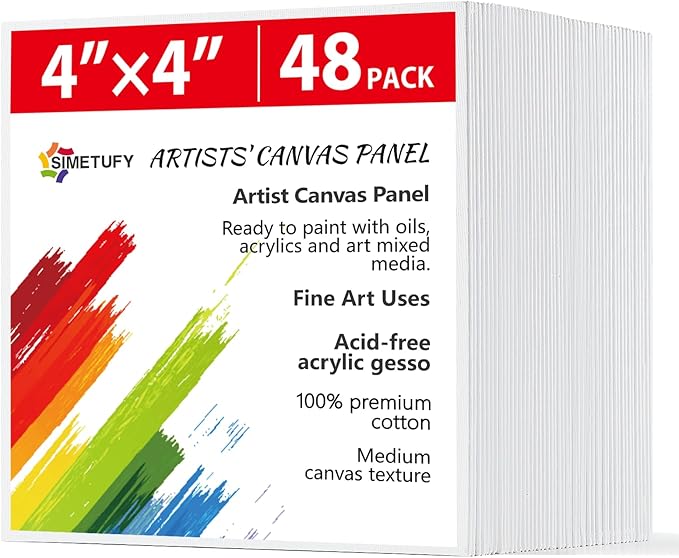 Simetufy 48 Pack 4x4 Inch Mini Canvas Boards 100% Cotton Primed Painting Panels, Acid-Free for Oil, Watercolor & Acrylic Painting for Art Projects