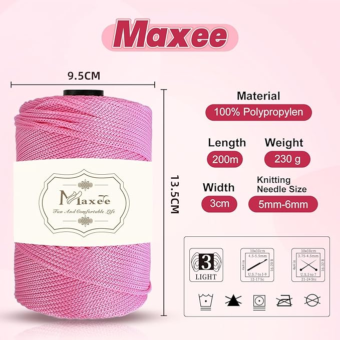 Maxee Premium Polyester Macrame Cord 3 mm × 218 yd (2 Pack),3mm 100% Polypropylene Macrame Cord,Ideal for Crochet, Wall Hangers, Bags, Rugs & DIY Crafts