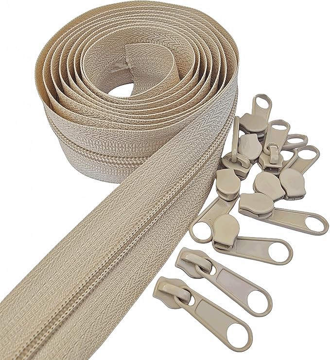 MebuZip #3 Nylon Coil Zippers by The Yard Bulk Zipper Roll Zipper Tape 10 Yards with 25pcs Pulls for Sewing Tailor DIY Craft Bags Pillows (Beige 10Yards)