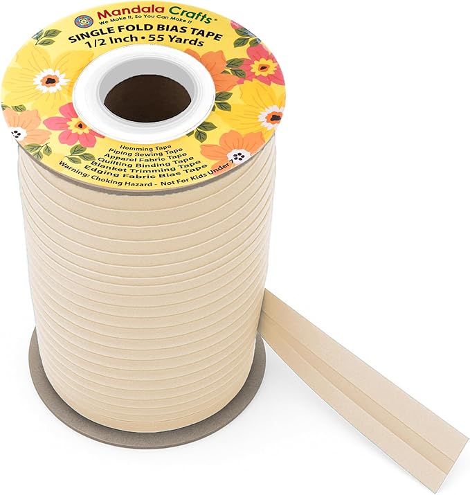 Mandala Crafts 1/2 Inch Single Fold Bias Tape for Sewing, Quilting, Piping, Hemming, Blanket & Quilt Binding – 55 Yards Khaki Fabric Seam Binding Tape