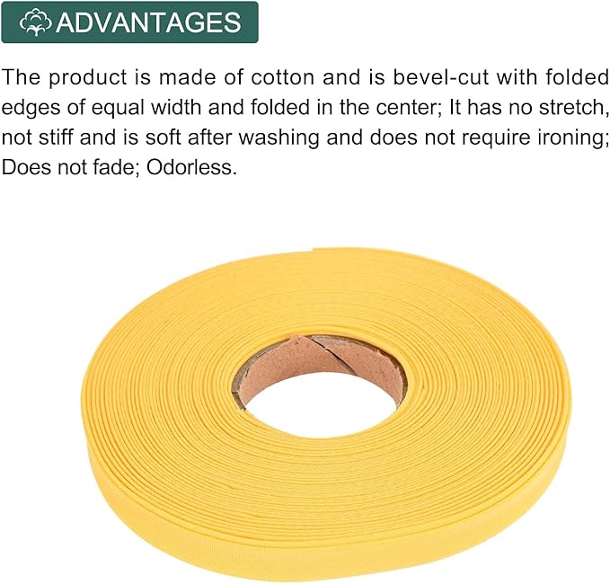MECCANIXITY 1/2 Inch Double Fold Bias Tape Polyester Continuous Bulk Bias Tape for Sewing,Seaming Quilting Hemming Binding Crafts (Yellow 10 Yards)
