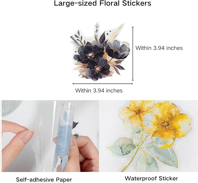 60pcs Watercolor Flower Stickers, PET Transparent Gold Foil Floral Scrapbooking Supplies, Vintage Floral Decals for Journaling, Card Making, DIY Crafts, Planners, Collage, Albums