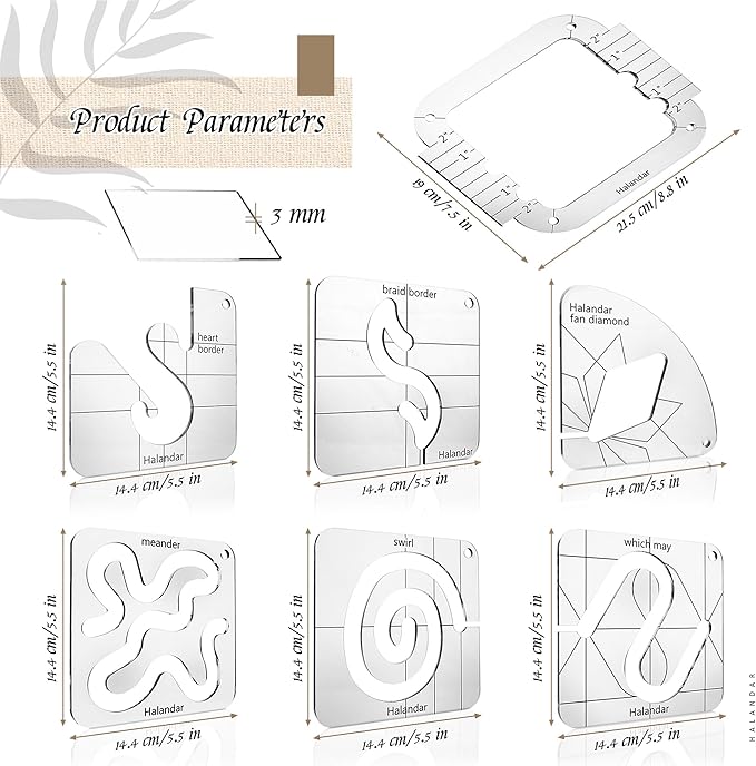 6 Pcs Free Motion Quilting Template Series with 1 Quilting Frame 1 Ruler Foot 15 Non-Slip Mats 1 Instruction, 3mm Acrylic Templates for DIY Quilting Tool on Sewing Machine Ruler