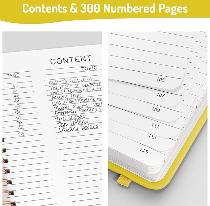 Forvencer Lined Spiral Journal Notebook with 300 Numbered Pages, B5 College Ruled Thick Journals for Writing with 100GSM Paper, Hardcover Notebooks with Contents for Work, School, Women, Men, Yellow