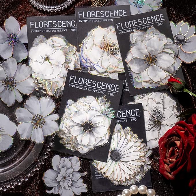 120pcs White Flower Scrapbook Stickers Pack, Clear Floral PET Decals with Gold Foil Outline, Vintage Roses Lilies Daisies Peonies Sticker Set for Journaling, Planners, Cards Making, Crafts