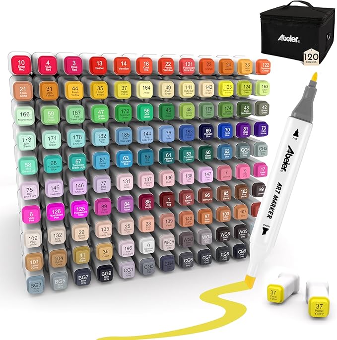 ABEIER Alcohol Markers, 120 Colors Dual Tip (Fine & Chisel) Art, Coloring Markers for Adults Kid, Ideal for Book Drawing Sketching Painting, Card Making, Includes 1 Colorless Blender