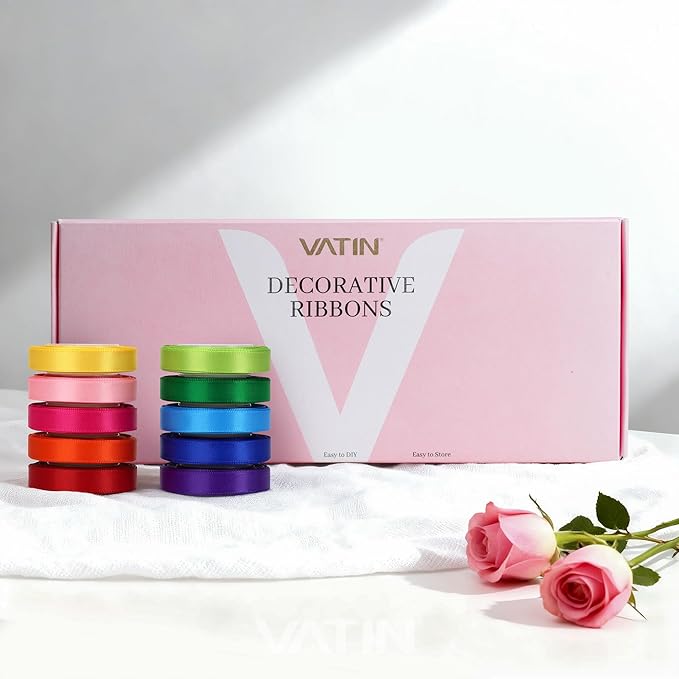 VATIN Rainbow Satin Ribbon Set 3/8 Inch x 10 Colors, Total 60 Yards,Double Faced Ribbon for Gift Wrapping Craft，Flower Bouquet,Women Hair Ribbons