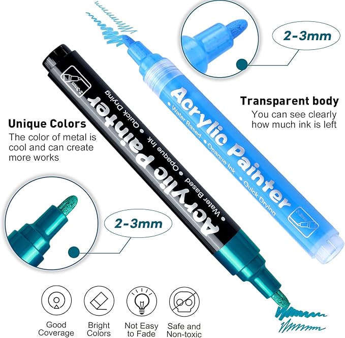 FUMILE Paint Pens paint Markers, 60 Colors Acrylic Paint Marker Pen Set include Metallic Color (12 PCS) and Normal color (48 PCS). Ideal for Rock Wood, Metal, Plastic, Glass, Canvas, Easter egg DIY.