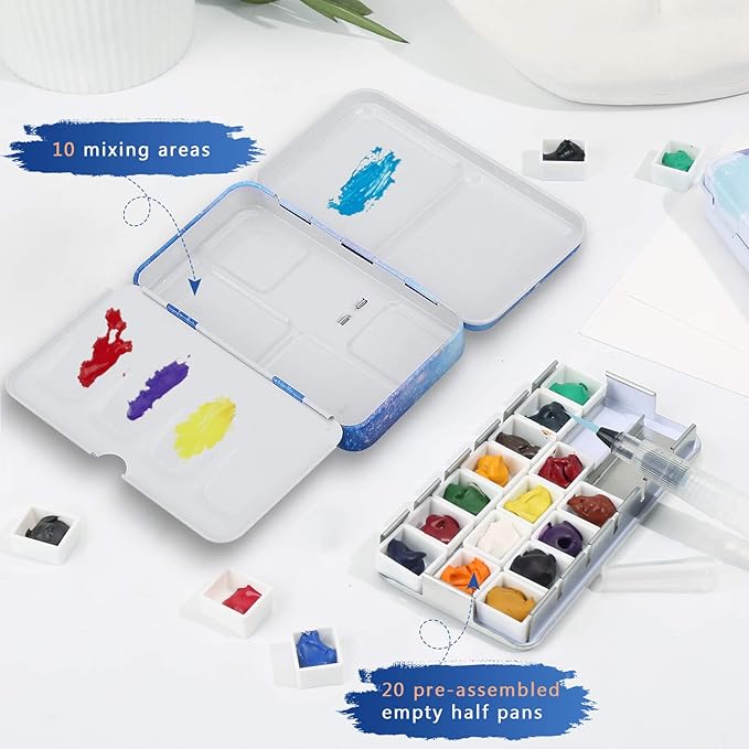 PEVART Watercolor Tin Palette, Metal Empty Paint Case with 50 PCS Empty Half Pans and a Water Color Pen Suitable for DIY Travel Watercolor Palette, Acrylic and Oil Painting