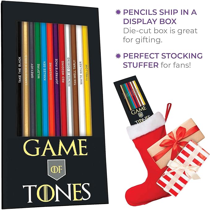 Game of Tones Colored Pencil Set for Fans of Game of Thrones | Set of 12 Parody Pencils | Each Color Pencil is Foil-Stamped with Clever Show References | Great Gift for Fans