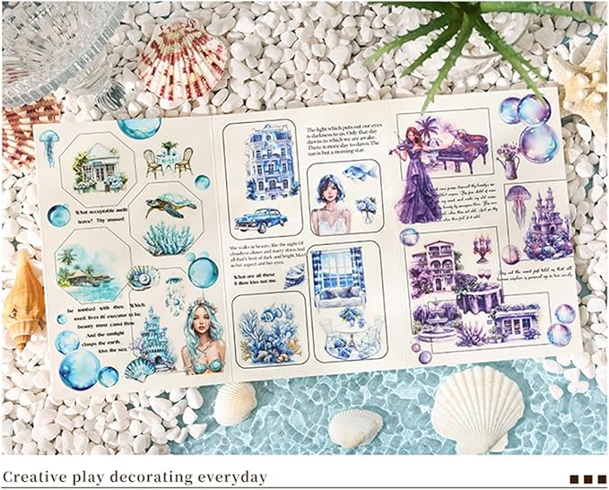 MAFELOE 100 Sheets of Box Set PET Scrapbook Stickers, Aesthetic Deco Junk Journaling Supplies for Planner Art Collage-Season Series-Blue (HZ-M4-HKSJ)