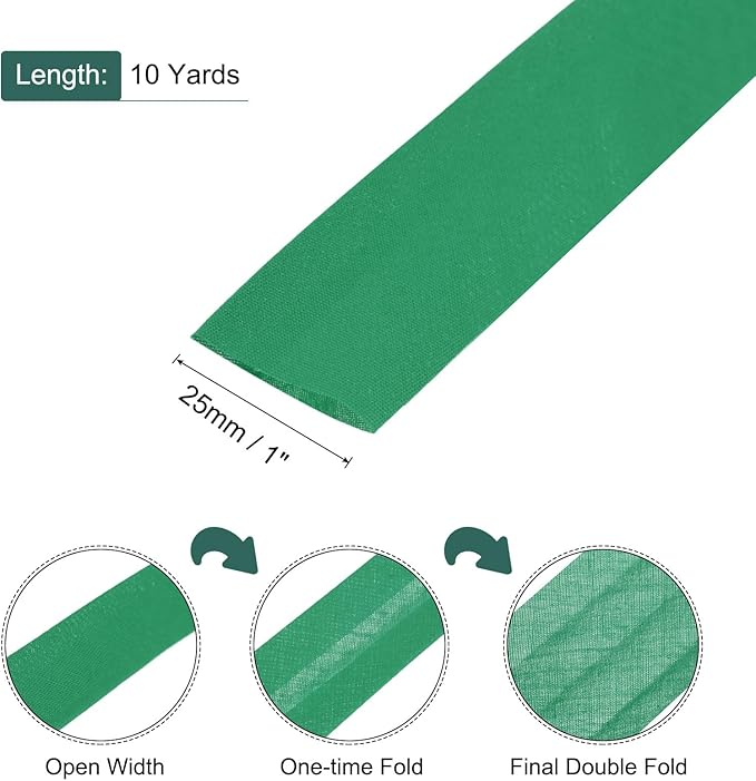 MECCANIXITY 1 Inch Double Fold Bias Tape Polyester Continuous Bulk Bias Tape for Sewing,Seaming Quilting Hemming Binding Crafts (Green 10 Yards)