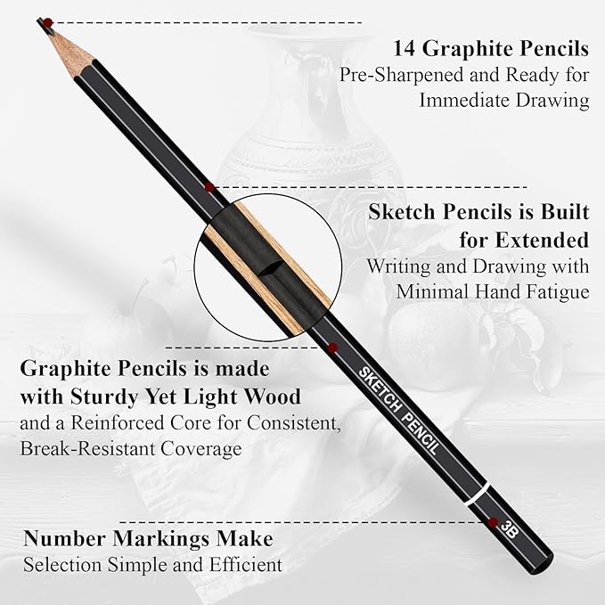 Sketch Pencils for Drawing, Drawing Pencils Set of 18, 10B–4H Graphite Pencil, Vinyl Eraser, Kneaded Eraser, Sharpener, Blending Stump,Sketch Set for Artists, Art Supplies.