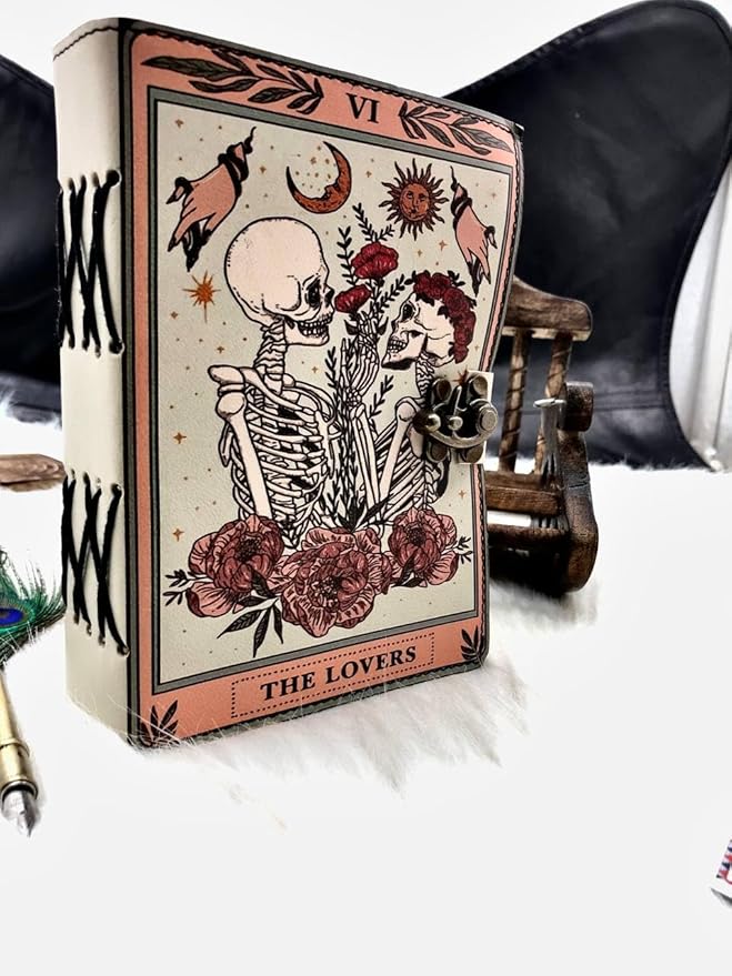 Book of Spells Leather Journal Deckle Edge Paper Grimoire Printed Journal The Lovers Tarot Notebook Spiral Gothic Notebook Skull lover Antique Vintage Leather Journals for Men and Women