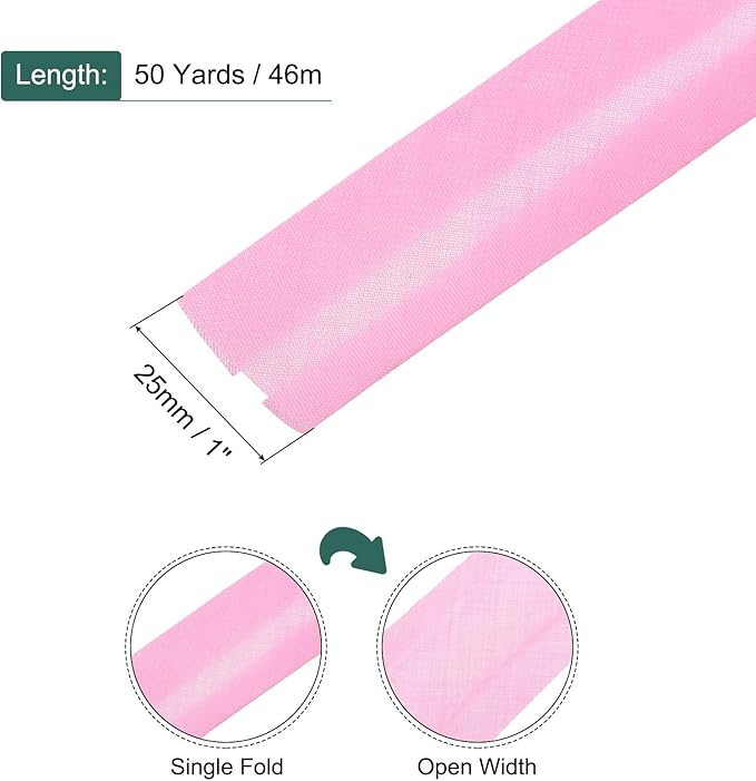 MECCANIXITY 1 Inch Single Fold Bias Tape Polyester Continuous Bulk Bias Tape for Sewing,Seaming Quilting Hemming Binding Crafts (Pink 50 Yards)