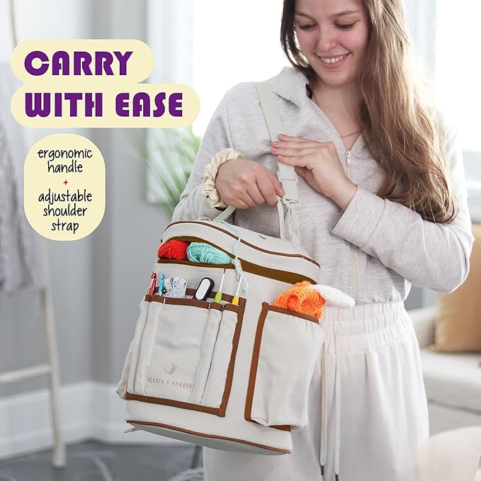 Hearth & Harbor Crochet Bag Organizer – Durable Knitting Bag, Yarn Organizer for Accessories and Supplies, Canvas Yarn Holder, Crochet Carrying Case with Accessories Pouch, Storage Organizer – Gray