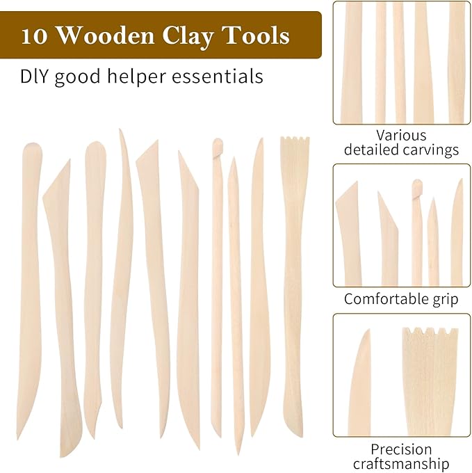 DIVINA VITAE 10Pcs Wooden Clay Sculpting Tools Double Ended Clay Modeling Tools 6.22 Inch Pottery Sculpting Tools for Cutting Soap Carving Smoothing Clay Supplies
