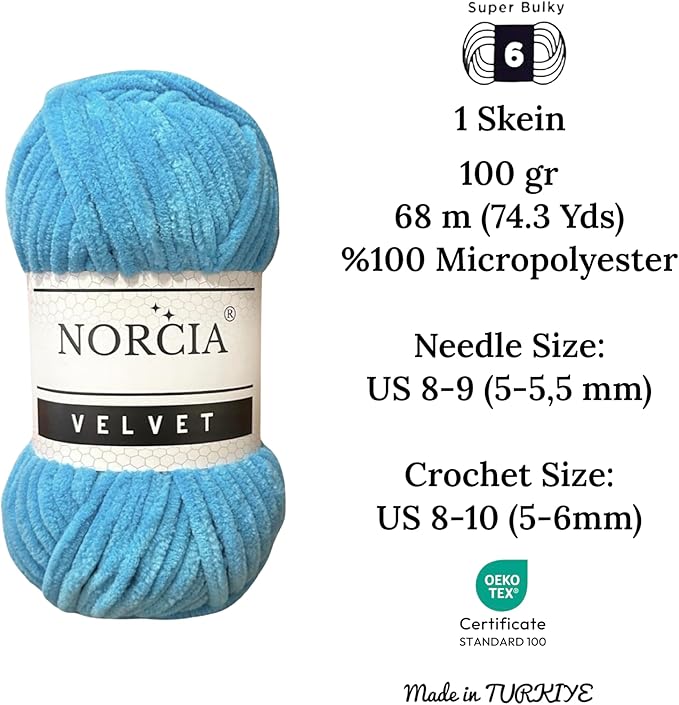 Soft Velvet Yarn Chenille Yarn for Crocheting Super Bulky (100g-3.50oz) (68m-74.3 yds) Baby Blanket Yarn for Knitting Amigurumi Yarn for Crochet Weaving Craft (Turquoise, 1 Skein)