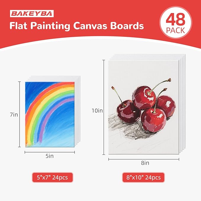 48 Pack Small Canvas Boards for Painting 5x7, 8x10 Inch (24pc of Each) Flat Canvas Panels for Kids- 100% Cotton for Acrylic Watercolor Paint