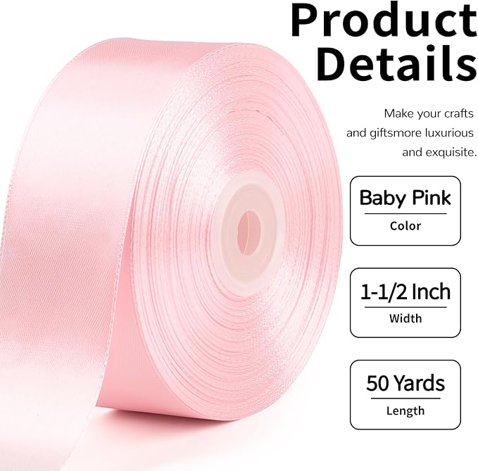 1-1/2 Inch Wide Baby Pink Satin Ribbon, 50 Yards Solid Polyester Fabric Ribbon for Roses Making, Gift Wrapping, Valentine's Day, Wedding Decorations, Crafts, Bows, Flower Bouquets