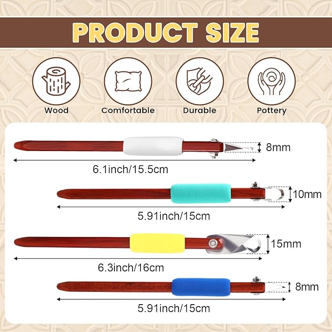 Lanties 4 Pcs Pottery Carving Tool Set Sculpture Scraper Craft Modelling Tools Red Pear Wood Texture Handle with Stainless Steel Blade for Clay Carving, Ceramic Sculpting, Graffito (Classic Color)