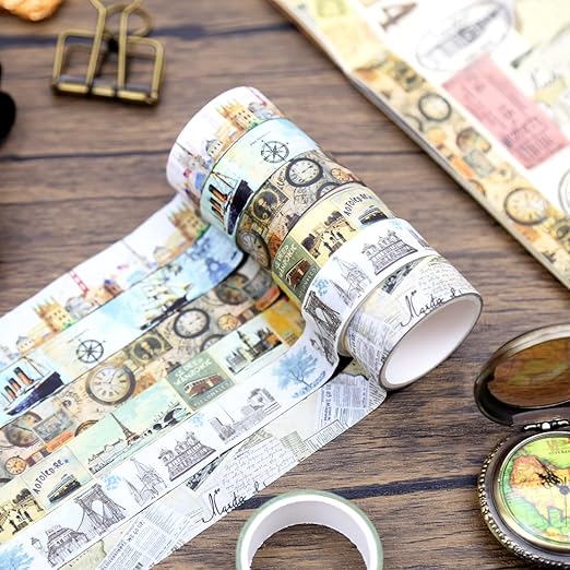 Vintage Washi Tape Set,12 Rolls Holiday Travel Aesthetic Decorative Tape Retro Poster Map Stamp Clocks Architecture Masking Washi Tape for Journaling Supplies, Scrapbooking, DIY Arts & Crafts