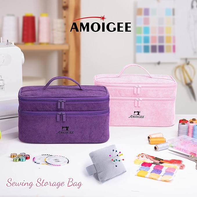 AMOIGEE Double-Layer Sewing Accessories Organizer with Pin Cushion – Large Sewing Storage Bag for Thread, Notions & Tools – Portable Travel Sewing Tote for Quilting, Embroidery & Crafts Gift (BagOnly)