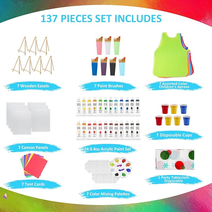 137 Pcs Art Painting Kit Supplies Set for Party - 70 Paint Brushes, 24 Acrylic Paints, 7 Wood Easels & Canvas Panels & Palettes & Aprons & Wash Pen Cup, 1 Plastic Tablecloth