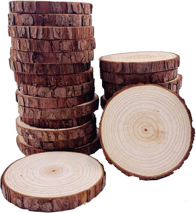 William Craft Unfinished Natural Wood Slices with Bark 25 Pcs 3.1-3.5 Inches Unfinished Wood Craft Kit Undrilled Wooden Circles Without Hole Tree Slice for Arts Painting Christmas Ornaments DIY Crafts
