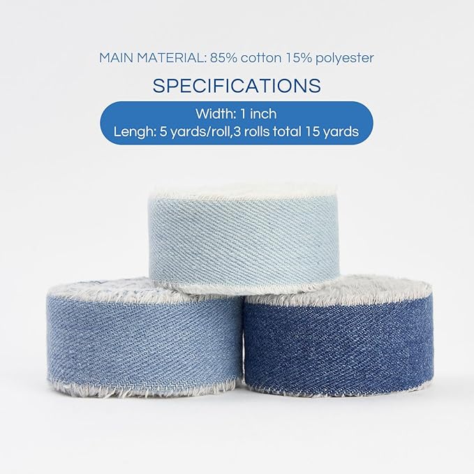 Pretty Jolly Blue Denim Ribbon for Crafts Handmade Rustic Frayed Cotton Jean Fabric Ribbon for Flower Bouquet 15 Yards 1 Inch Cloth Ribbons for Gift Wrapping Hair Sewing Accessories Holiday Decor