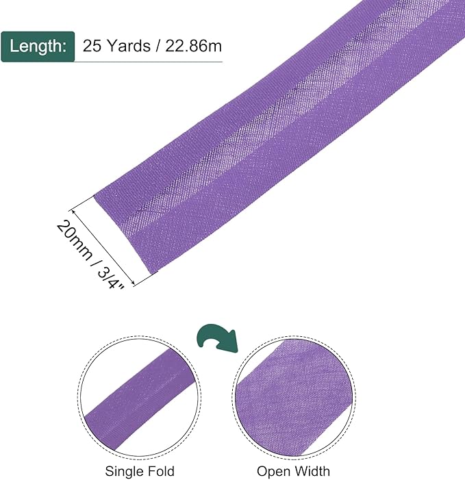MECCANIXITY 3/4 Inch Single Fold Bias Tape Polyester Continuous Bulk Bias Tape for Sewing, Seaming Quilting Hemming Binding Crafts (Purple 25 Yards)
